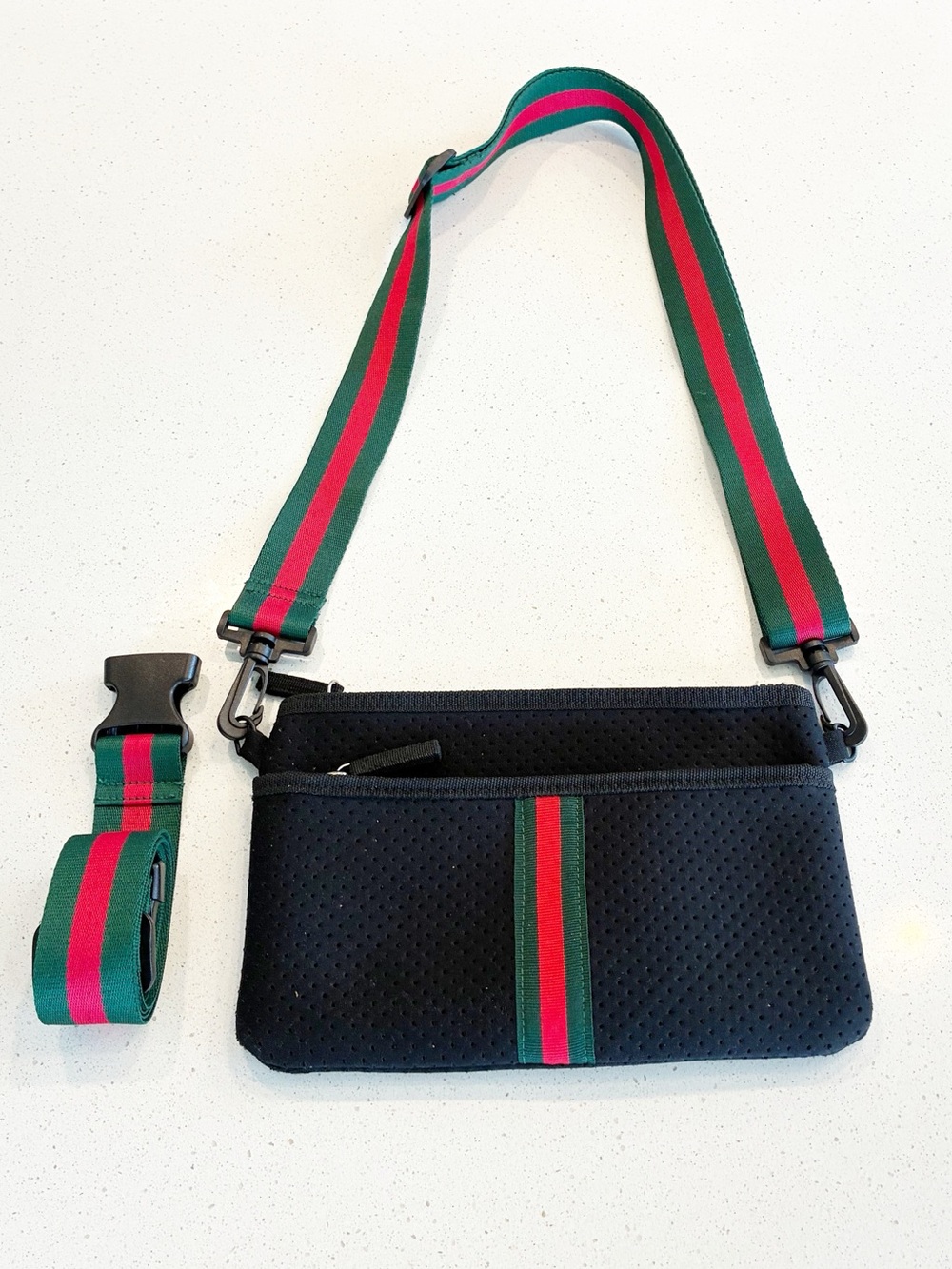 Black Crossbody Neoprene Pouch with Green and Red Stripe Adjustable Strap - Picture 10 of 15